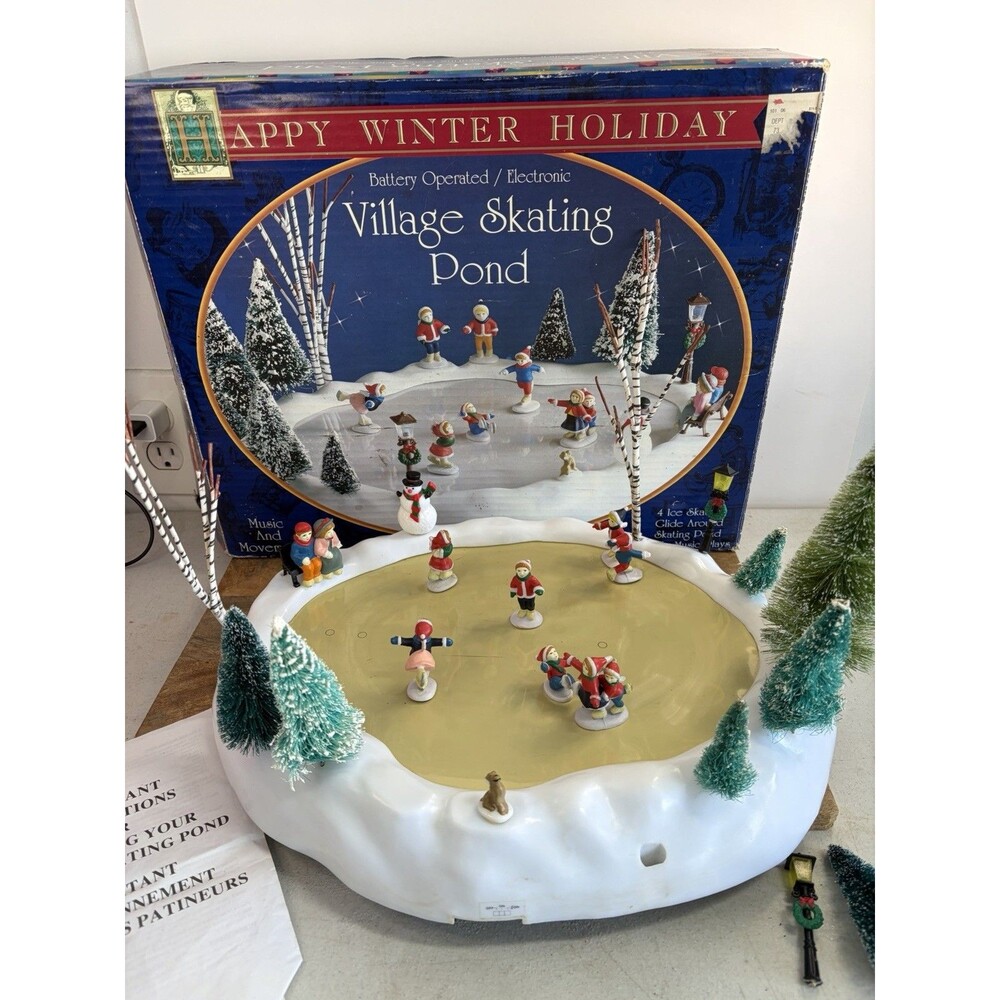 Vintage Happy Winter Holiday Village Skating Pond Works And Complete